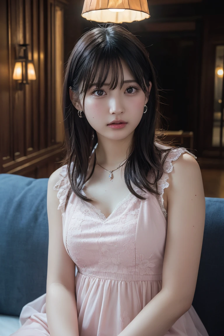 neckless,ring,((small breast)),realistic,(ultra quality:1.2),japanese,high quality,masterpiece,(ultra detailed:1.4),japanese lady,beautiful eye,beautiful face,(realistic bra:1.4),((living room)),(slender:1.3),highres,make up,(skirt),real background,dark color