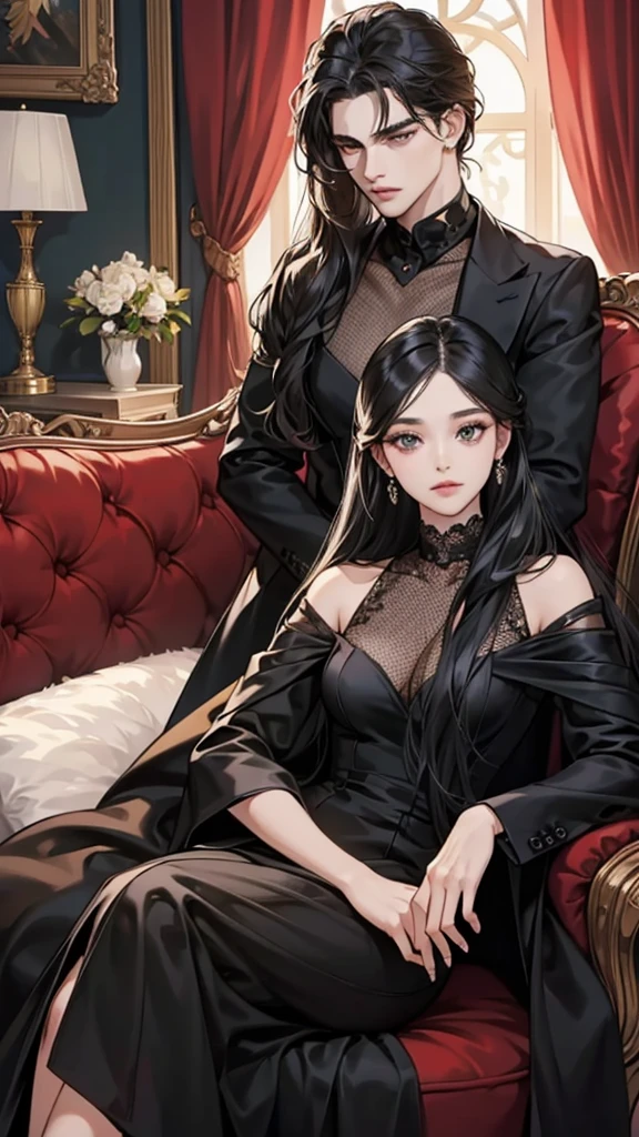 CG 8K ultrarrealista,obra maestra,((Fondos ultra detallados,patrones delicados,Detalles complicados)),La mejor calidad en el mejor de los casos, digital art manhwa style minimalist oil painting a woman sitting in an armchair in a mansion Tender smile . (short straight black hair, scarlet eyes,long eyelashes and rosy cheeks, black dress close to the body, slim body round hips, big breasts,la cara beautiful,postura cautivadora,)