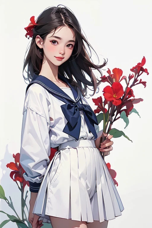 (1 girl、alone、whole body、natural standing posture)、(whole body:1.4)、(Portraiture:1.2)、(Detailed facial depiction、A kind smile)、Short dark brown hair、White Sailor Suit、Navy blue sailor collar、uniform、Long skirt、Pleated skirt、shoes、(Red canna flowers blooming)、(Vintage、Classic)、((No background))、((White Background))、Blur the background、((Watercolor of singer Sargent))、Impressionist style painting、(Highest quality、masterpiece)、