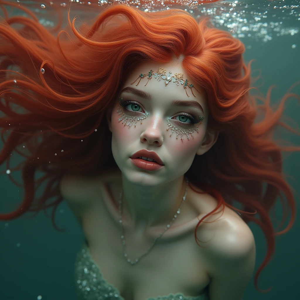 ultra realistic, photography, long red hair, girl, 24 years old, hourglass figure, perfect body, Flirty look, extremely detailed artgerm, in the style artgerm, facing the camera, lens 35 mm, blur background, mermaid cosplay, ariel cosplay, little mermaid cosplay, purple clamshell bra, green mermaid tail, deep under water, on the bottom of the sea, fish, turtles, floating hair