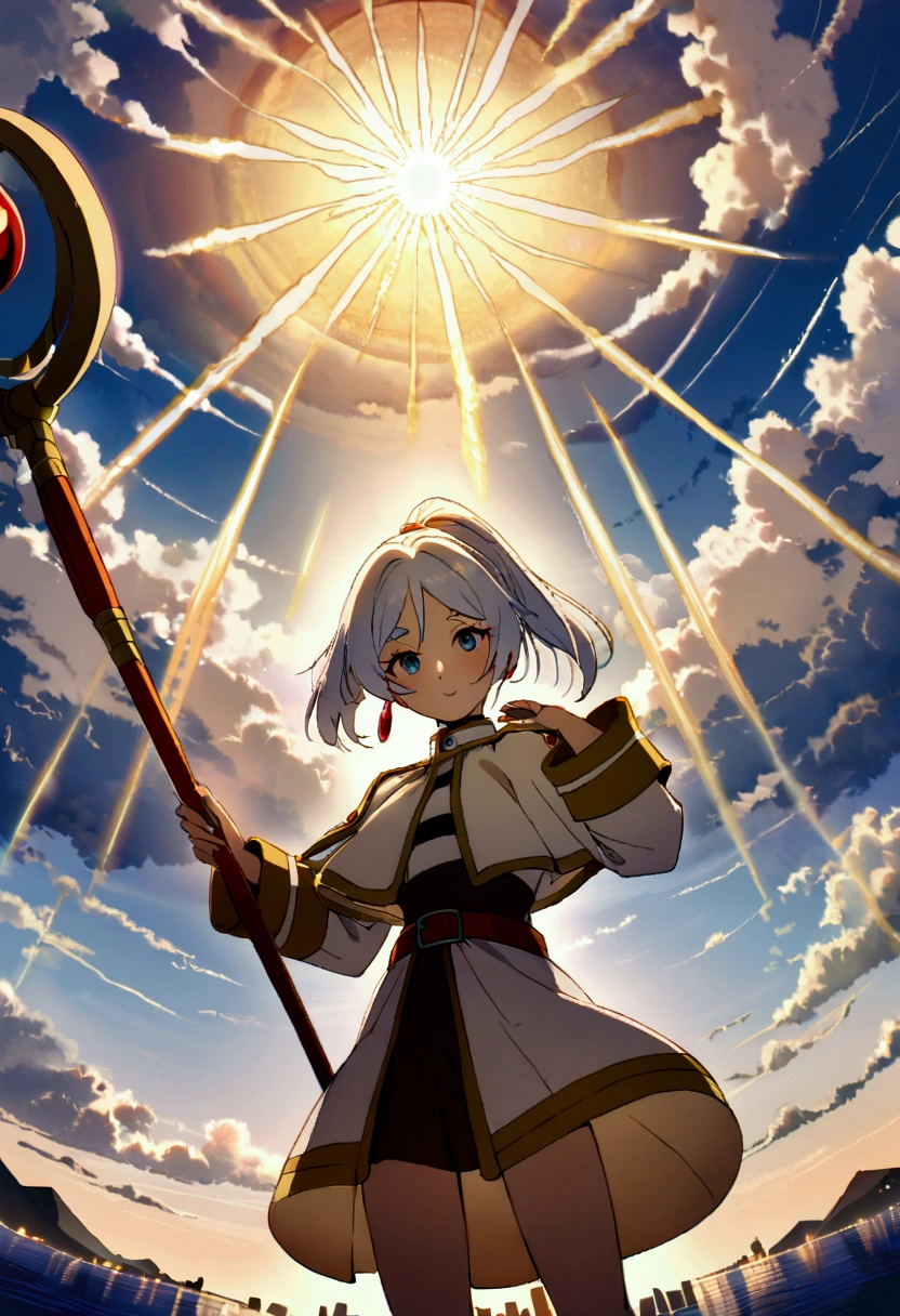 1girl, Frieren from (Frieren: Beyond Journey's End), Wide lens image, Sunrise sky above the city and the ocean. Holding her magic staff while floating on the sky along with the sun and clouds.