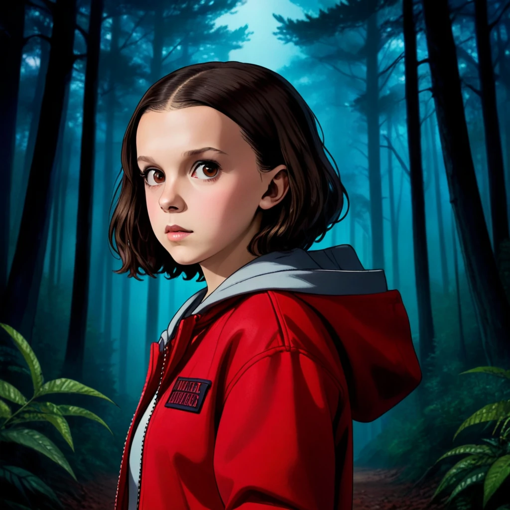 ((Shaved Head:1.2)),Front View, Milli 3 Female, Millie Bobby Brown, Ticker, Wearing a red jacket and hoodie in a dark forest, Horror Style, stranger things, netflix, (( Millie Bobby Brown )) , juuichi