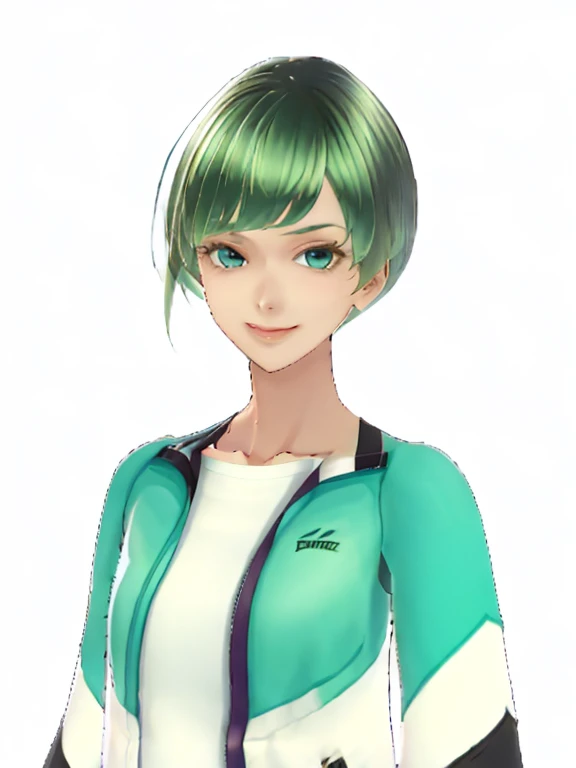 green hair,Emerald hair,short hair,short hair,bright face,upper body up,chest up,business woman,intellectual,smile,jacket,white shirt ,big bangs,beautiful bangs, laughter,drooling eyes, alone,Flow of hair that extends to the face,Big light blue eyes shine charmingly,green one piece,eyeliner,Shining white skin,