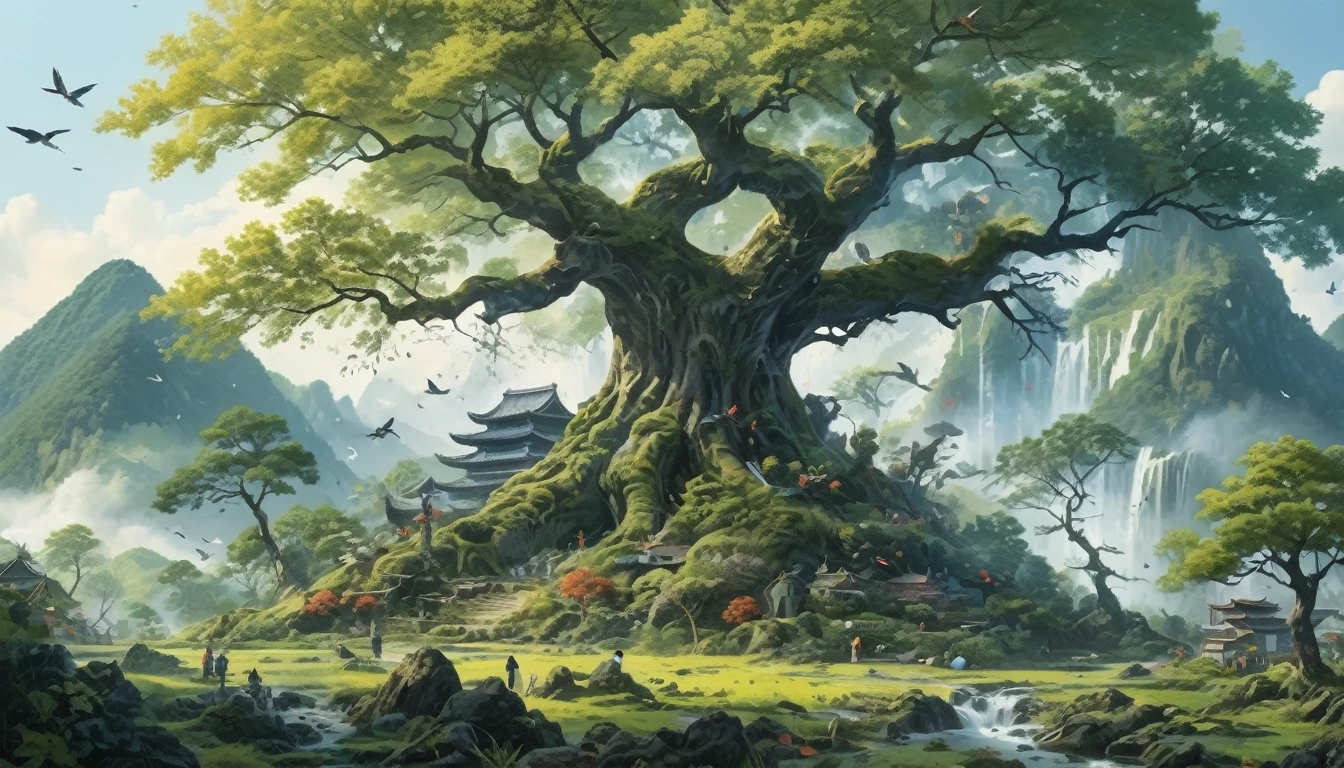 (((Official Art, unity 8k wallpaper, Very detailed, beautifully、Midea, masterpiece, Best Quality))),big tree, puddle, 108 gems scattered on the ground, Japanese sword stabbing, Colorful blade