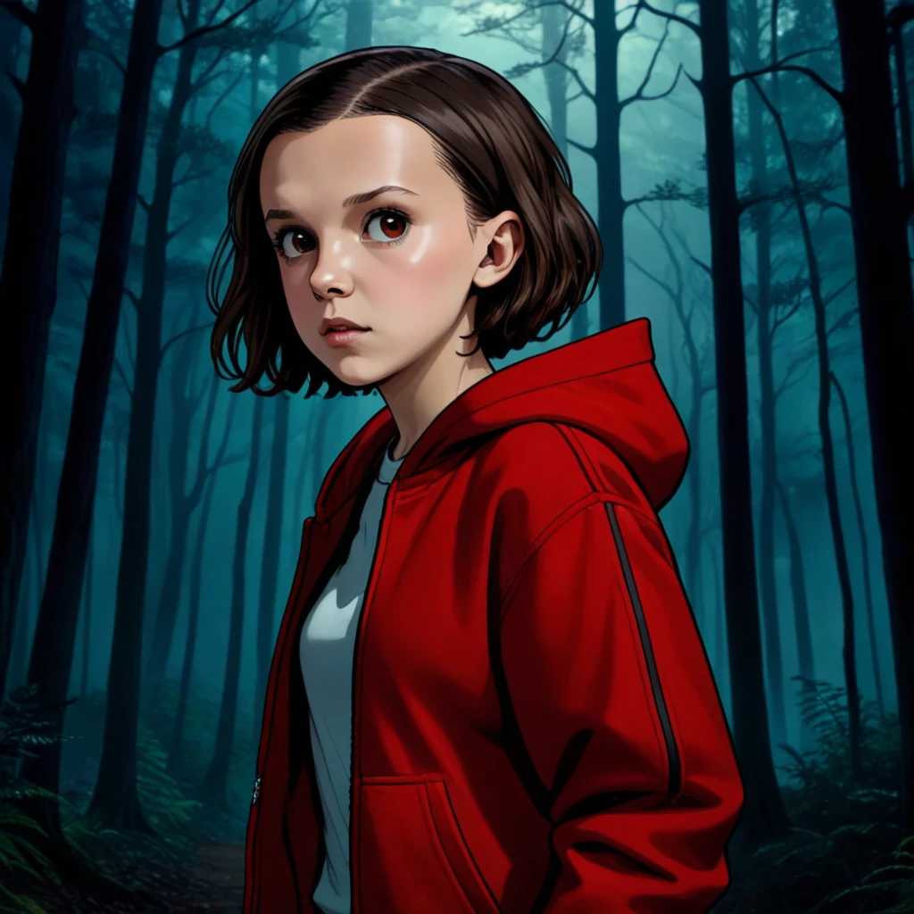 ((Shaved Head)),Short hair,Front View, Milli 3 Female, Millie Bobby Brown, Ticker, Wearing a red jacket and hoodie in a dark forest, Horror Style, stranger things, Netflix, (( Millie Bobby Brown )) , juuichi