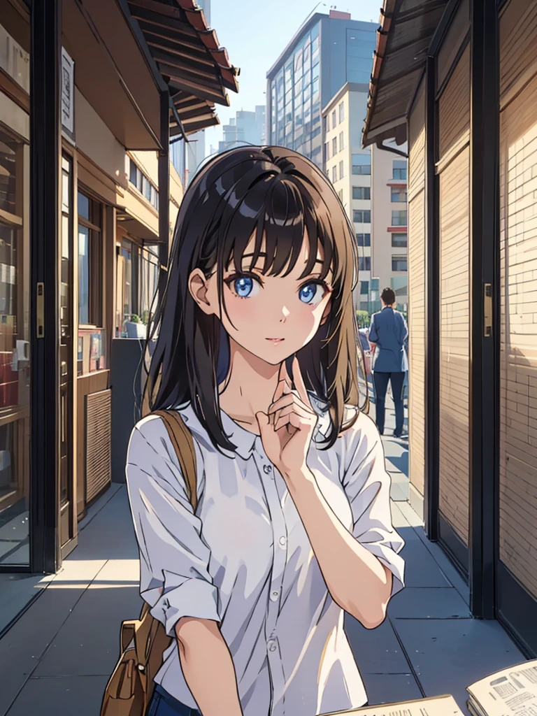 Masterpiece, 8k, Highest quality, Depth of subject, Beautiful high school girl, Your face is so cute, A gentle gaze, Beautiful and accurate female body shape, Precise hand movements, A relaxed world view, Scenery of a local city in Japan, Back Alley, stroll, Beautiful, detailed depiction, Soft sunlight, good morning