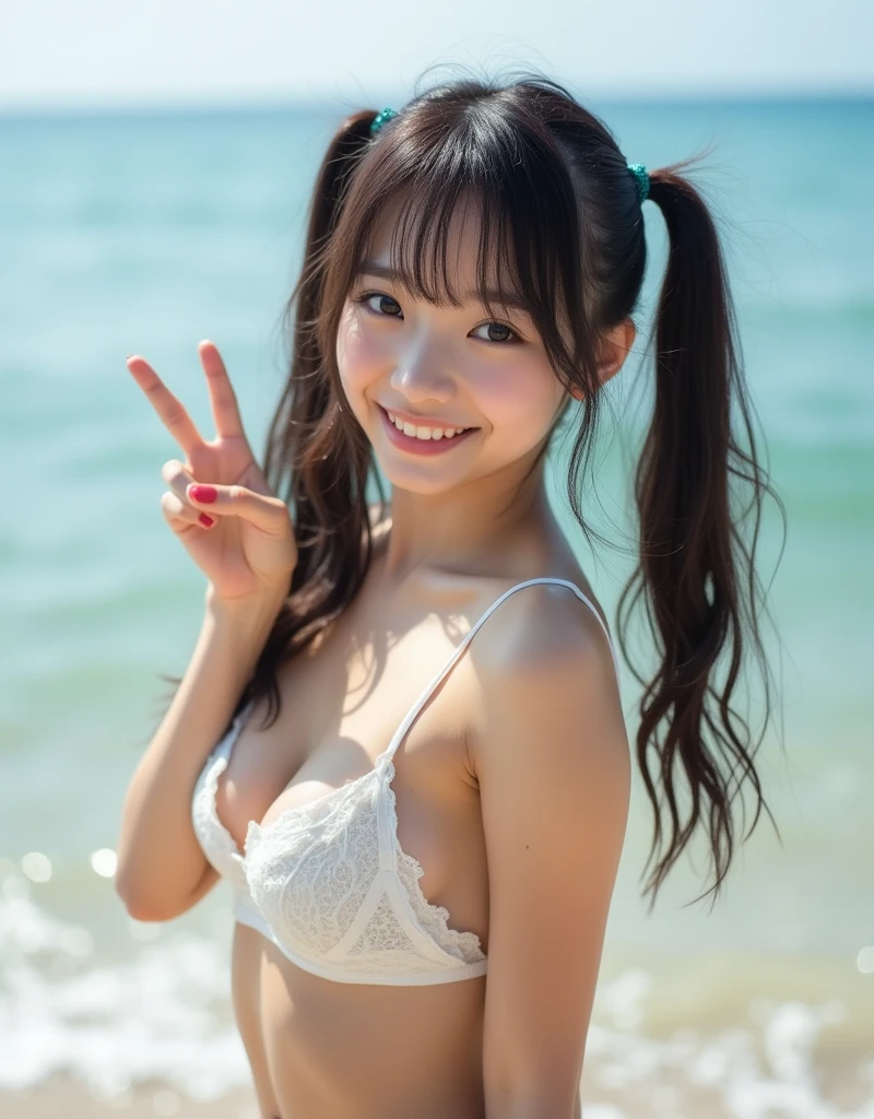 ((sfw: 1.4)), ((sfw, micro white bikini, beach, bony body, smile, 1 girl)), ultra high resolution, (real: 1.4), RAW photo, highest quality, (photorealistic), focus ,Soft light,(()),((Japanese)),(((Young face))),(Surface),(Depth of field),Masterpiece,(Photoreal),Woman,Bangs,( (1 girl)