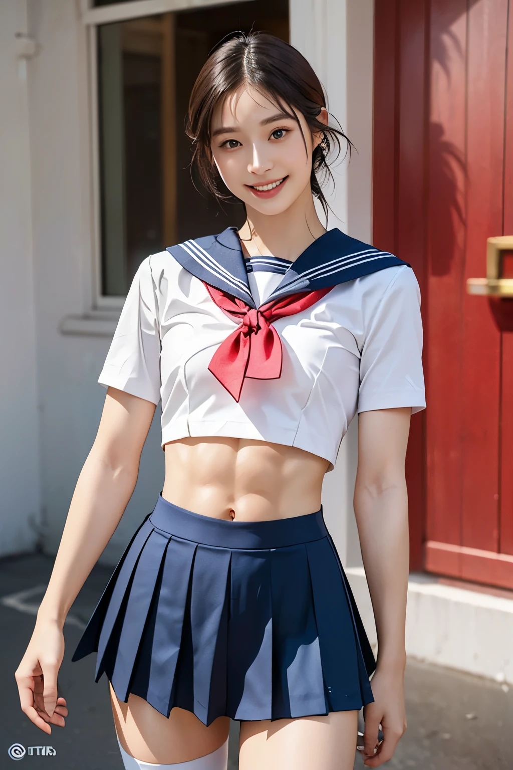 ((masterpiece:1.4)),(best quality:1.4),(ultra-detailed:1.4),(unity 8k wallpaper:1.4),(Realistic:1.4),(2girls:1.5,A very thin and very small breasted Japanese idol:1.25), Beautifully symmetrical タレ目 eyes:1.23,1 simple and beautiful, perfect idol face with light シンプル makeup:1.24,(crazy smile:1.24, evil smile:1.3,Beautiful teeth alignment:1.32),(Brown medium length hair:1.2),(Thin and slightly pale eyebrows:1.19),(Shiny detailed fair skin:1.2),((Bright outdoor city:1.23)),(((A super ultra tight and super ultra short no sleeve sailor suit with a matte sheen:1.34,A super tight and super short pleated skirt with a matte sheen:1.25,Thin fabric knee socks:1.24))), ((A very slender, well-trained body:1.83)),(((Very small breasts:1.999))),(Broad shoulders:1.32),(Muscular limbs:1.23),((Very thin thighs:1.84)),(((toned little buttocks:1.39))),(((Small waist:1.35,Short, narrow waist:1.4))),(((Fine abdominal muscles:1.85))),(I can see one beautiful belly button.:1.2,The hip bones are visible:1.2)