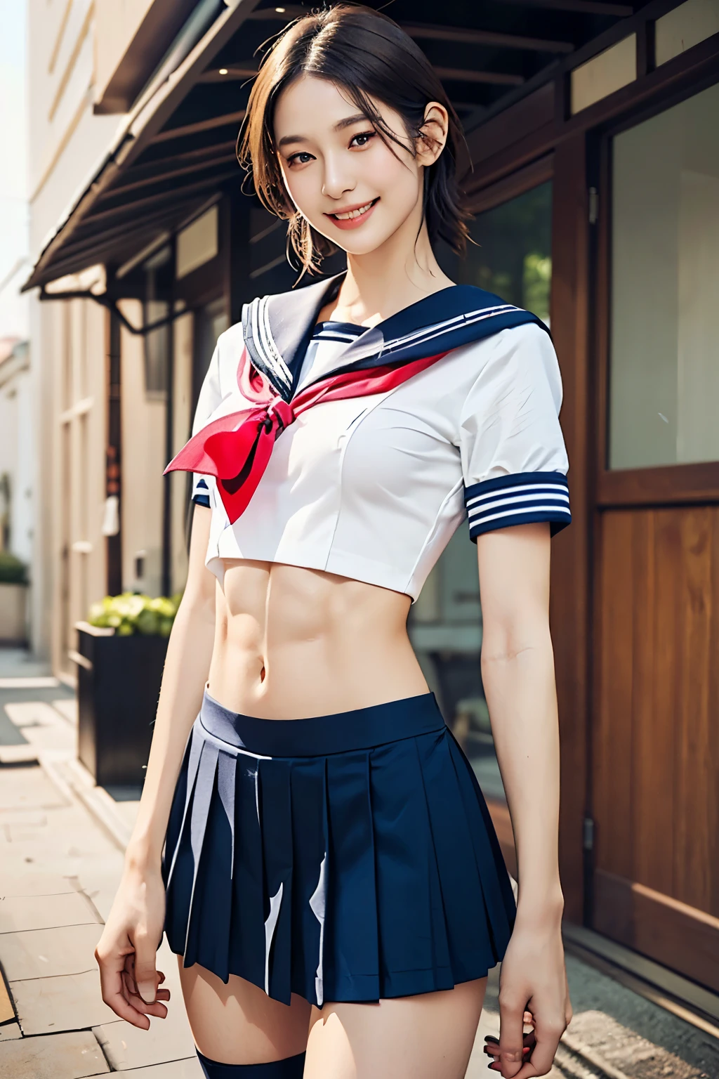 ((masterpiece:1.4)),(best quality:1.4),(ultra-detailed:1.4),(unity 8k wallpaper:1.4),(Realistic:1.4),(2girls:1.5,A very thin and very small breasted Japanese idol:1.25), Beautifully symmetrical タレ目 eyes:1.23,1 simple and beautiful, perfect idol face with light シンプル makeup:1.24,(crazy smile:1.24, evil smile:1.3,Beautiful teeth alignment:1.32),(Brown medium length hair:1.2),(Thin and slightly pale eyebrows:1.19),(Shiny detailed fair skin:1.2),((Bright outdoor city:1.23)),(((A super  ultra tight and super ultra short no sleeve sailor suit with a matte sheen:1.34,A super tight and super short pleated skirt with a matte sheen:1.25,Thin fabric knee socks:1.24))), ((A very slender, well-trained body:1.83)),(((Very small breasts:1.999))),(Broad shoulders:1.32),(Muscular limbs:1.23),((Very thin thighs:1.84)),(((toned little buttocks:1.39))),(((Small waist:1.35,Short, narrow waist:1.43))),(((Fine abdominal muscles:1.75))),(I can see one beautiful belly button.:1.2,The hip bones are visible:1.2),((Front shot:1.3,Central composition:1.3,Model pose:1.25))