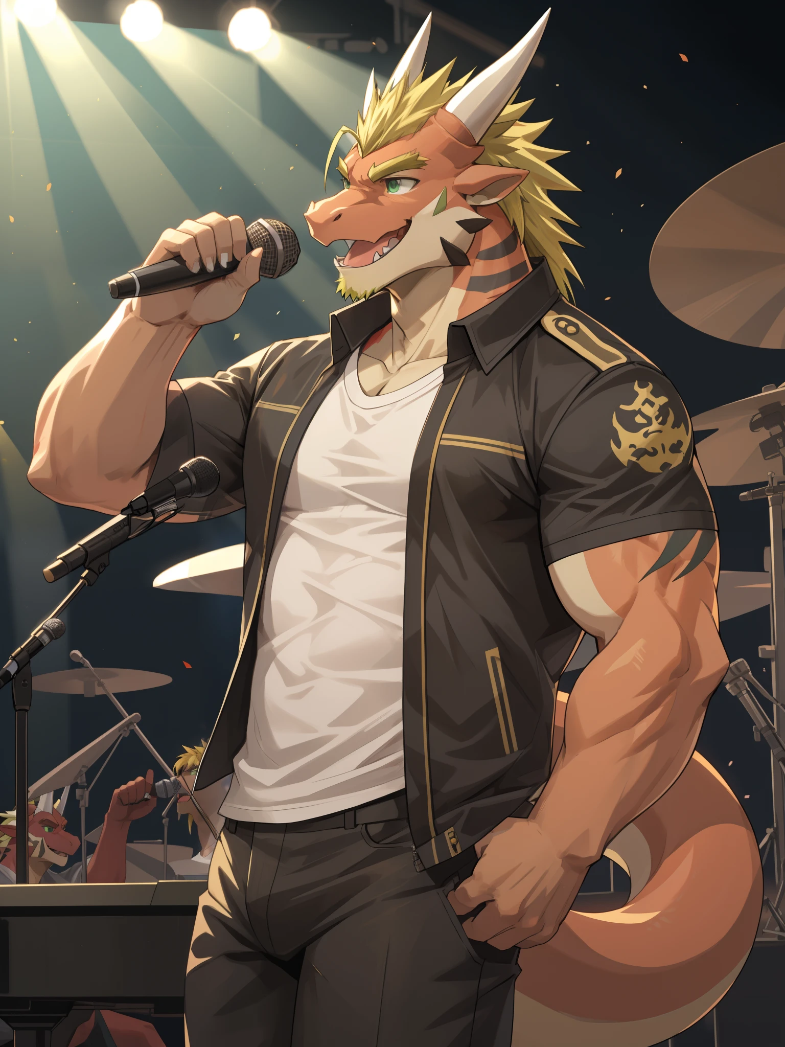 Masterpiece, Solo, (Red dragon, green eyes, Medium yellow hair, A Pair of white horns) Muscular Body, Handsome, Good Looking, Adult, singing, casual shirt, microphone, concert background.