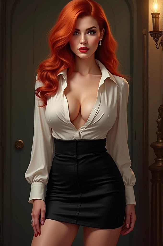 redhead (secretary, office lady:1.0), thick luscious hair, white open shirt, skirt, black lace choker, cleavage, fantasy art, concept art, masterpiece, delicate features, feminine, seductive, (style of howard chandler christy:1.0), (charcoal sketch by jean-joseph benjamin-constant:1.3)
