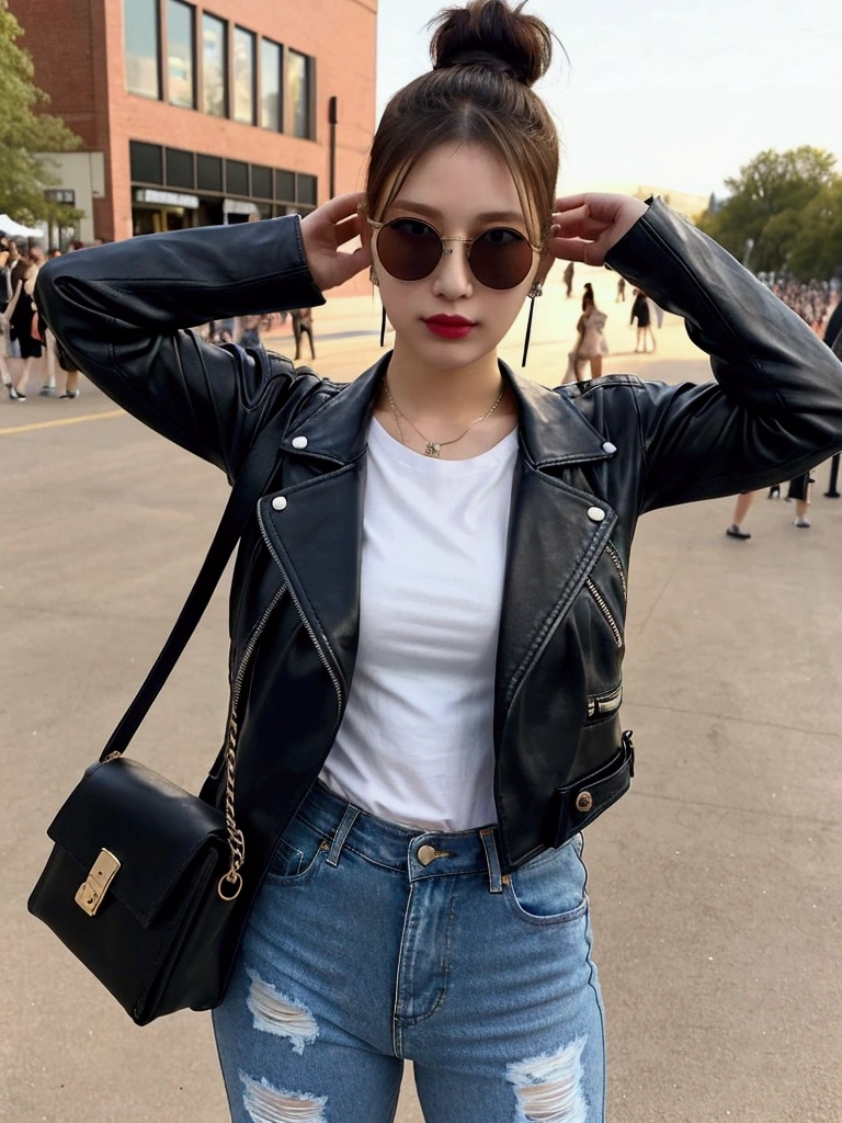 (masterpiece:1.2, Best Quality), 1 Female, Alone,, Big Breasts, A chic and edgy leather jacket、Style it with a classic white tee and distressed jeans,With minimal makeup and a loose bun,(Music festivals and trendy downtown neighborhoods) Eye-catching sunglasses and chunky jewelry, Comes with a convenient crossbody bag