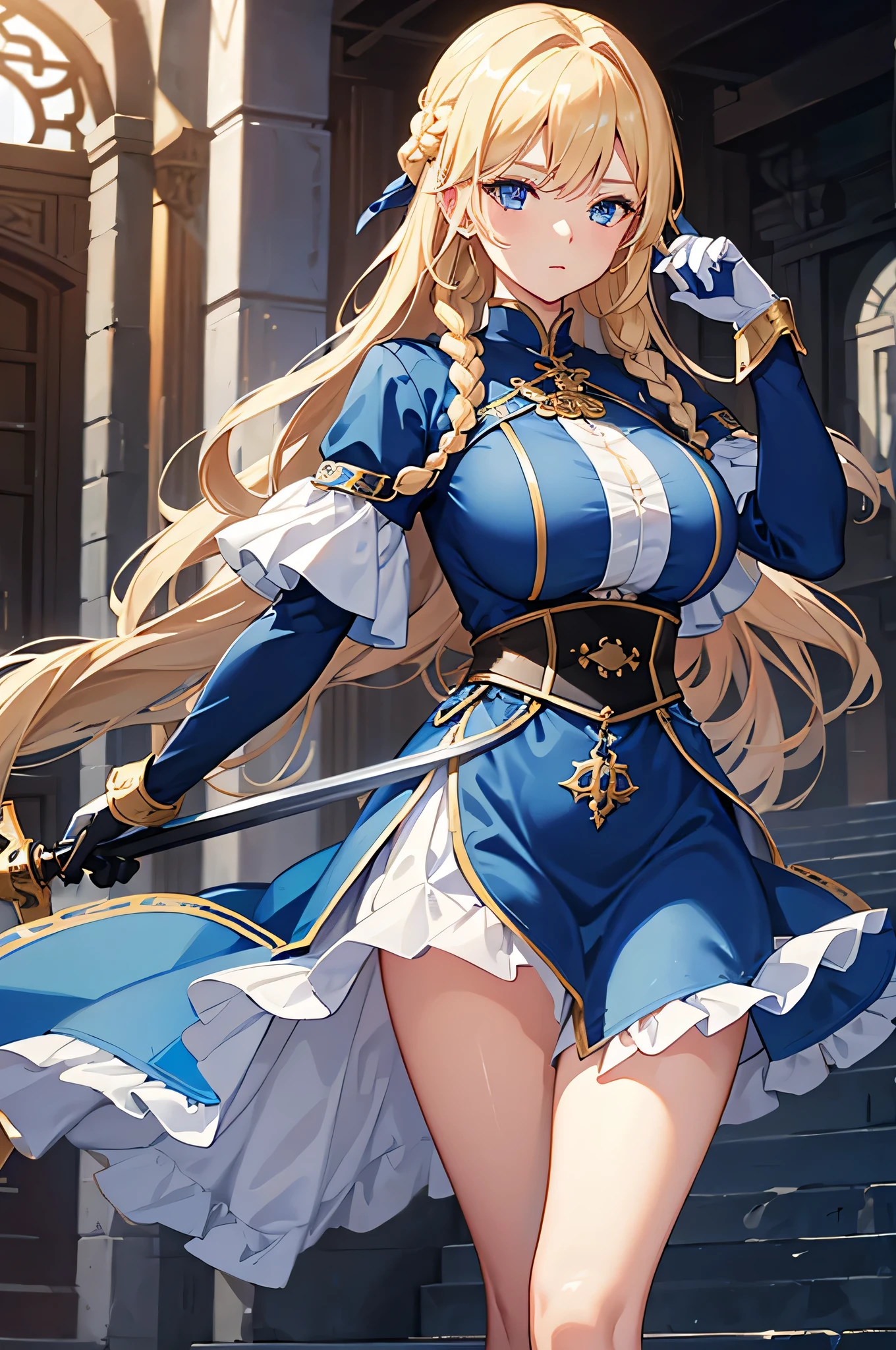 20-year-old girl, long blonde hair, blue eyes, angry expression, long dark blue skirt with gold embroidery at the hem, old-fashioned blue blouse with long fitted sleeves, adorned with red details, red leather gloves that reach her elbows, dark brown leather boots that reach mid-calf, leather belt adorned with a golden buckle and red details, her weapon is a huge greatsword with a gold and red decorated handle, hanging on her back in an ornate sheath.