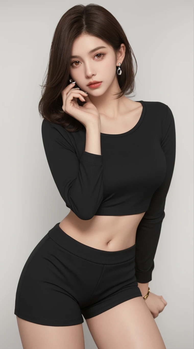 (Highest quality:1.5), (Real:1.4), (Ultra high definition:1.4), (No correction:1.4), (skinny Japanese woman with average size breasts standing front plain background in studio), (A woman wearing black-rimmed glasses), (Very small eyes), (breasts of average size), (Bangs that hide eyebrows), (Long black hair), (Dark personality expression), (Black T-shirt), (Black long skirt), (black hair woman is standing with black T-shirt and black long skirt front plain background in studio), (woman viewed from the front), (Plain background), (Cowboy Shot), (Cold expression), (upright), (A woman with long black hair and glasses)