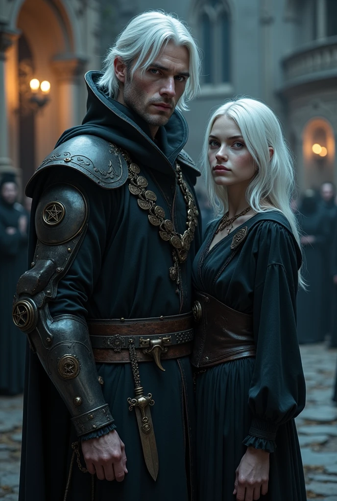Two albinos from the Middle Ages back to back with violet eyes and white hair, with the one on the left wearing dark alchemist clothes and the left arm with a steampunk prosthesis with a pentagram and blood, and the one on the right in white nun&#39;s clothes holding a rosary with her eyes closed, with an execution at the stake behind, the night.