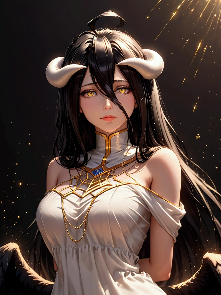 A high resolution, Sharp focus, Pixiv masterpiece, ((Intricate details)), Highly detailed, 1girl, Black wings, Gold-white dress, White horns, Albedo_Overlord, Black hair, (Low wing,:1.1), Upper body, black background, gold dust, gold sparks, gold particles, ((arms behind back)), 