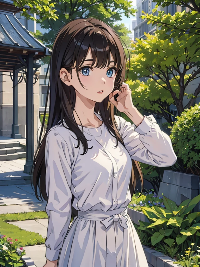 Masterpiece, 8k, Highest quality, Depth of subject, Beautiful high school girl, Your face is so cute, A gentle gaze, Beautiful and accurate female body shape, Accurate hand structure, Big Breasts, A relaxed world view, Scenery of a local city in Japan, Back Alley, stroll, Beautiful, detailed depiction, Soft sunlight, good morning, When you meet a close friend