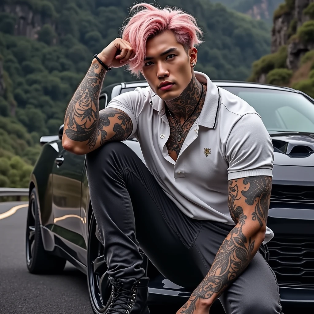 Create a south korean guy with pacific tattoos on his arm and is standing beside a pergasus lambogini and has red dyed hair and its raining as well.