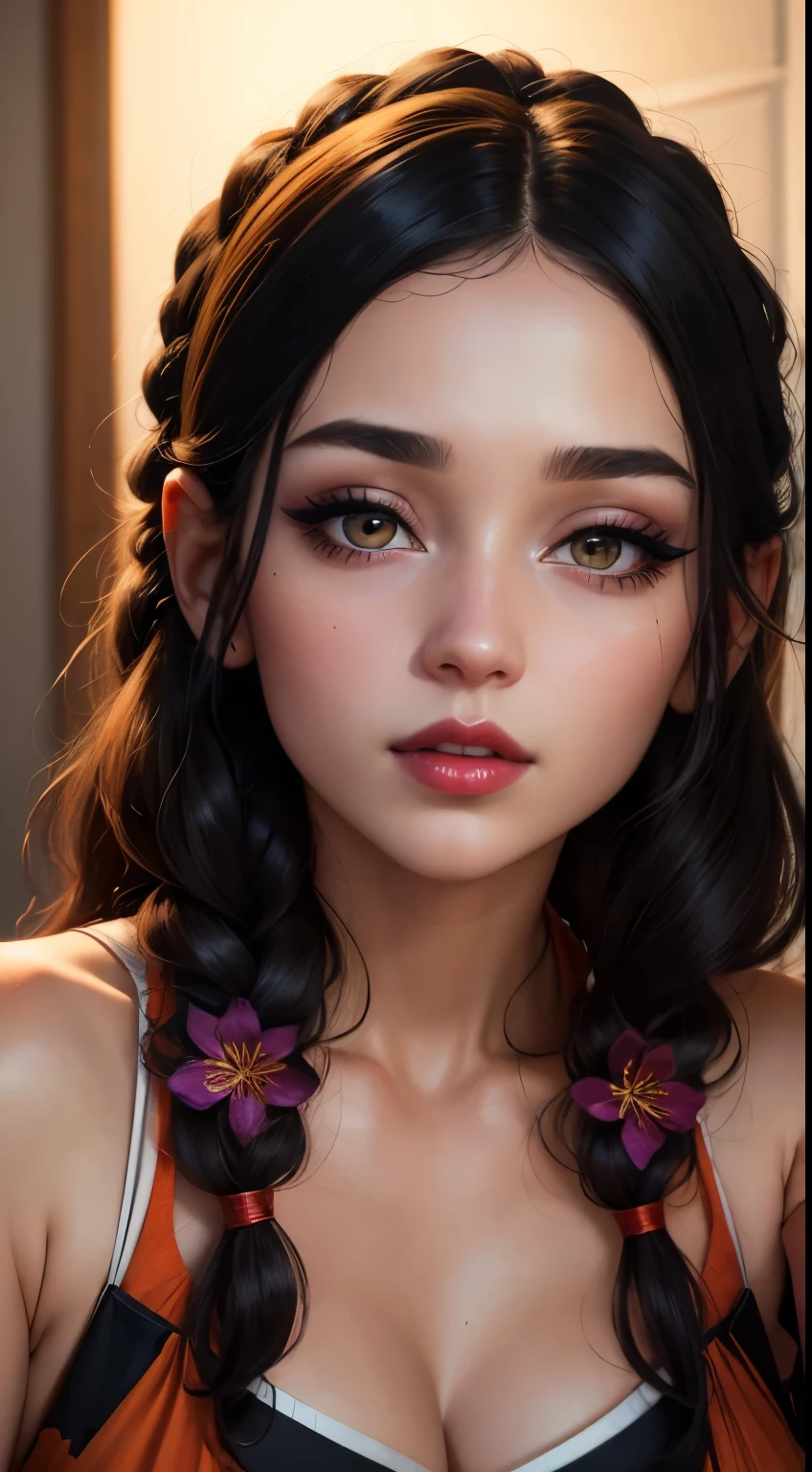 Amazing portrait of a sexy and cute woman in love with her black hair braided as she blushes deep during night time with soft lighting showcasing her seductive and soft eyes and her pink lips which are parted in a seductive smile and her long neck and collarbone having a medium chest with cleavage showcased by the off shoulder t shirt showcasing her bare shoulders