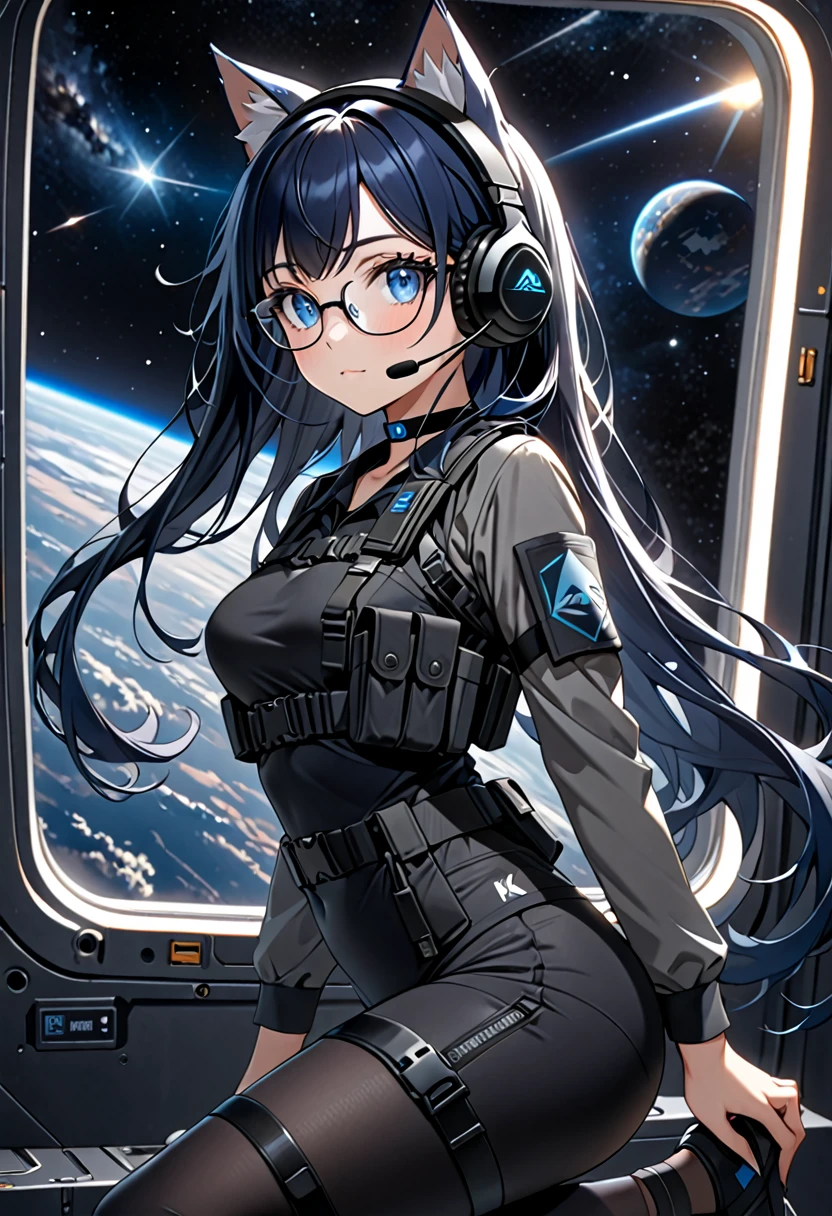 8K Ultra High-Quality, ultra-detailed, High quality, Dark Blue hair, Long hair, Blue eyes, Headset, cat girl, Grey Tactical clothes, Military clothes, black spandex under clothes, body harness, Looking at viewer, choker, glasses, full body, close up, side view, window, space background