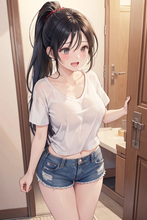 Tabletop, high quality, pretty girl, Black hair in twin tails，big, Round eyes，Very short stature， Body Type，Very thin limbs，Very small ass，Very small budding breasts，Distressed low-leg denim shorts，(Topless:1.5),(tits:1.5), indoor, Winter twilight window，Sunset，Dark Room，A shy smile，blush，(Always fly wide open:1.2)，(The cute cracks of women whose zippers are always partially open:1.2)，