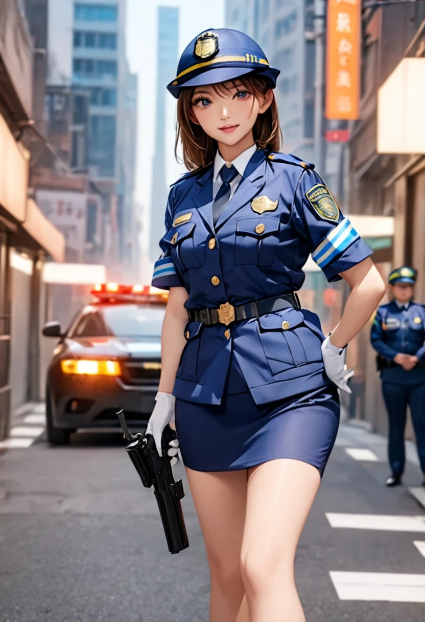 Best Quality、masterpiece、8k、Realistic、超High resolution、Very delicate and beautiful、High resolution、Cinema Lighting、Mid-range shooting、Perfect female body、Beautiful woman、Mature Woman、Beautiful Eyes、Cityscape、((Female police officer:1.4、紺色のFemale police officer、Female police officerの制帽、Uniform buttons、Navy blue tie、Uniform jacket、White gloves))、pantyhose、Long, tight skirt above the knee、Stiletto heel pumps、Police Badge、Epaulettes、