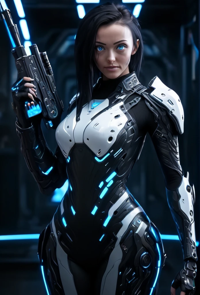 A woman wearing exoskeleton cyber armor, The armor fits snugly、((She has a plasma gun in her hand)), Full body photo, Maximum details, Superior quality through precise drawings, 8k,chest, blue eyes,  High resolution, 超High resolution, Best Quality, Shortcuts, Big chest, Cinematic Lighting Effects, Futuristic beautiful black hair woman, Shining blue eyes, Cyberpunk style woman, ((Hi-tech spaceship interior with blue light illumination)), High-quality images、Black Hair, Shortcuts, 