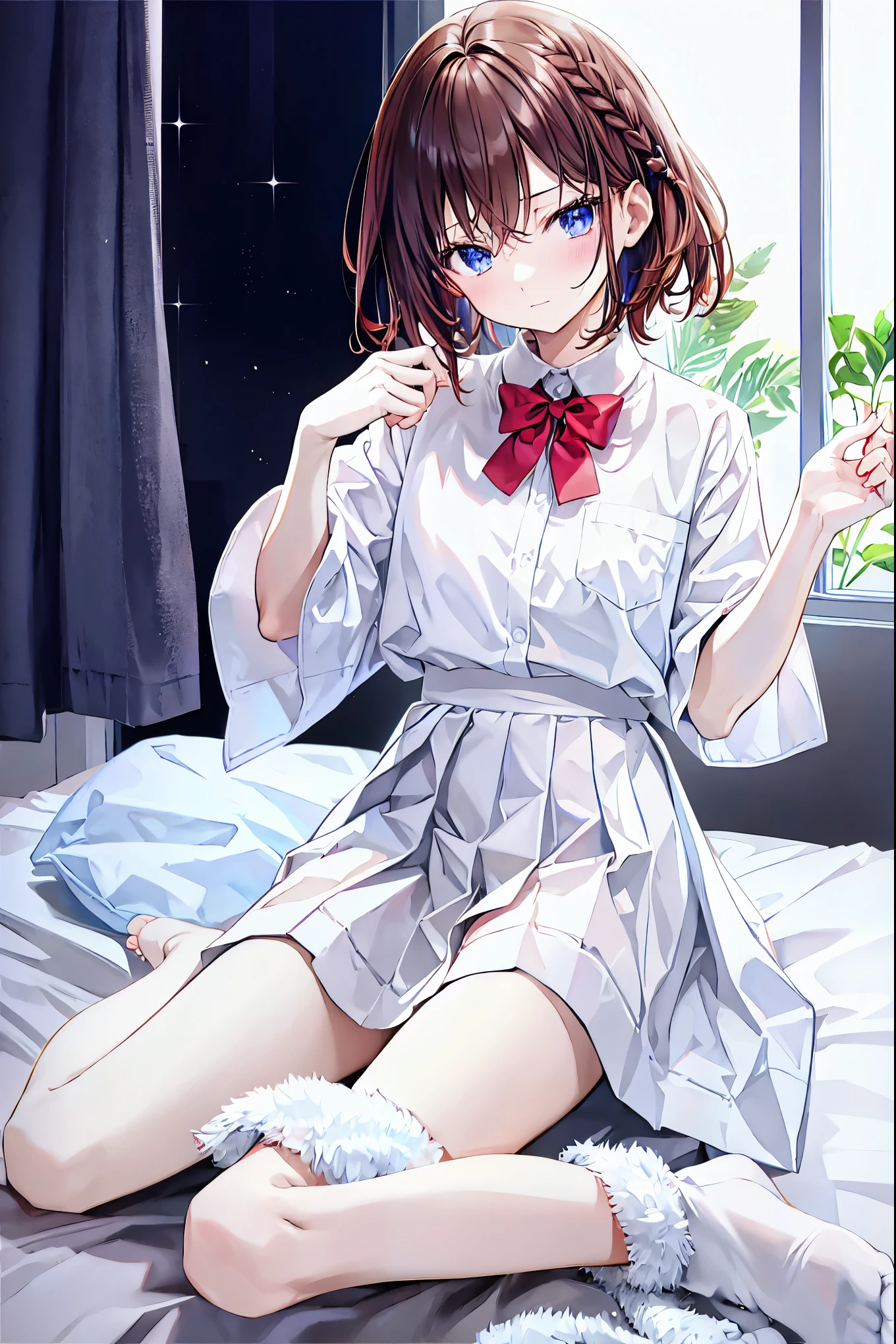 Brunette color hair,Short fine hair,With bangs,Yellow Eyes,Adorable,Teen,White long sleeve pajamas,Pajamas in white pants,Bedroom with warm background,Lie down in bed,Brown Hair,Shortcuts,Messy Hair,Slender beauty,Small chest,Beautiful feet,