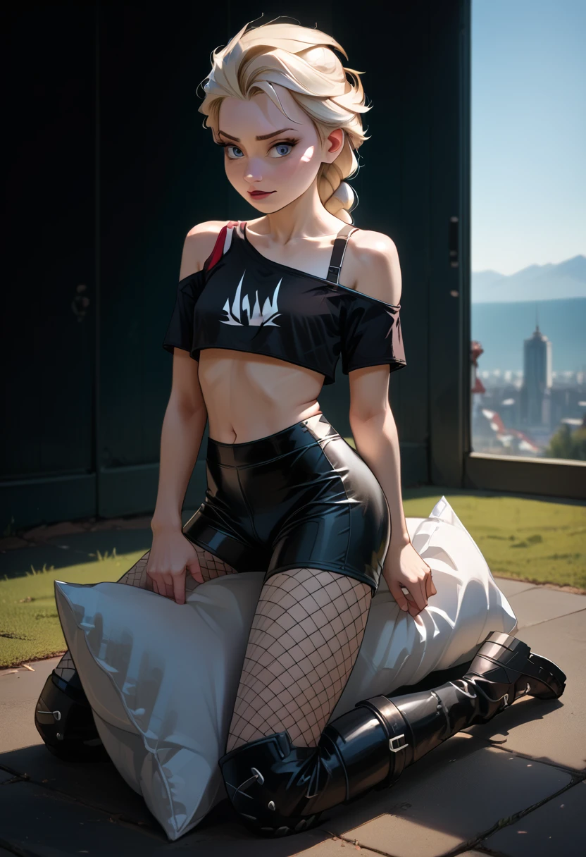 ((full body photo, standing, feet on the ground))  Elsa, tight black latex bike shorts, loose off the shoulders red crop top, visible bra straps, 2, young adult, rebelious, thick black leather boots, very long blonde twintails, fishnet pantyhose, kneeling, humping her pillow