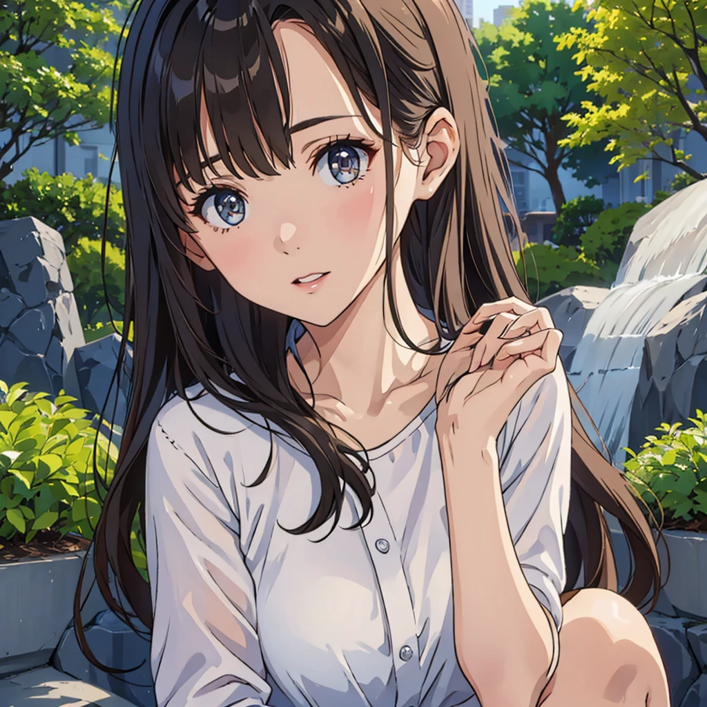 Masterpiece, 8k, Highest quality, Depth of subject, Beautiful high school girl, Your face is so cute, A gentle gaze, Beautiful and accurate female body shape, Accurate hand structure, Big Breasts, A relaxed world view, Scenery of a local city in Japan, Back Alley, stroll, Beautiful, detailed depiction, Soft sunlight, good morning, When you meet a close friend, To make the surrounding landscape look wider