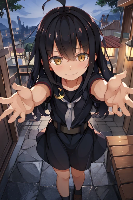 Portrait, official art, best masterpiece, best quality, best resolution, 8K, best detailed, perfect anatomy
BREAK
cowboy shot, legs together, (outstretched arms at viewer, outstretched arm at viewer, showing palm hand:1.2), (hug me)
BREAK
mikazukiKC, (black hair), long hair, shirt, black serafuku, neckerchief, skirt, ahoge, crescent pin, belt, (flat chest, child_like build, short stature:1.2), 1small girl, solo
BREAK
(smile), bashful, (blushing cheeks:1.1)
BREAK
luxurious mansion, office room, (night, midnight, darkness:1.3), very fine and detailed 16KCG wallpapers