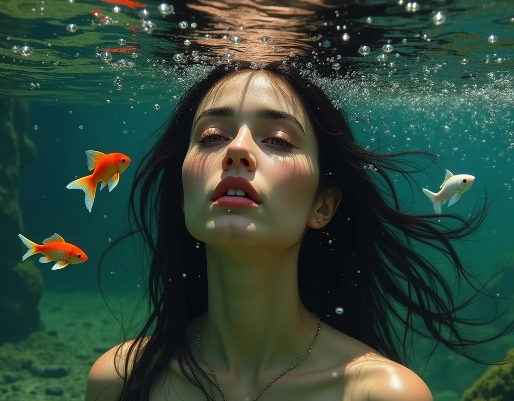Create an enchanting scene of a highly detailed mature woman with horny seductive pose detailed face, detailed body, curvy ass, oily skin, symmetric face, cute, belly pin, long black hair, masterpiece, 8k, ultra realistic women underwater surrounded by graceful remora fishes. Picture the girl gracefully swimming amidst the ocean depths, with sunlight filtering through the water. Imagine remora fishes attached to her breast, pussy, ass, body with their distinctive suction cup mouths, forming a sexual bond. Capture the serenity and beauty of this underwater moment, with the girl's flowing hair and the sleek bodies of the remora fishes gliding gracefully alongside her. Use your imagination to bring this captivating underwater scene to life in your artwork