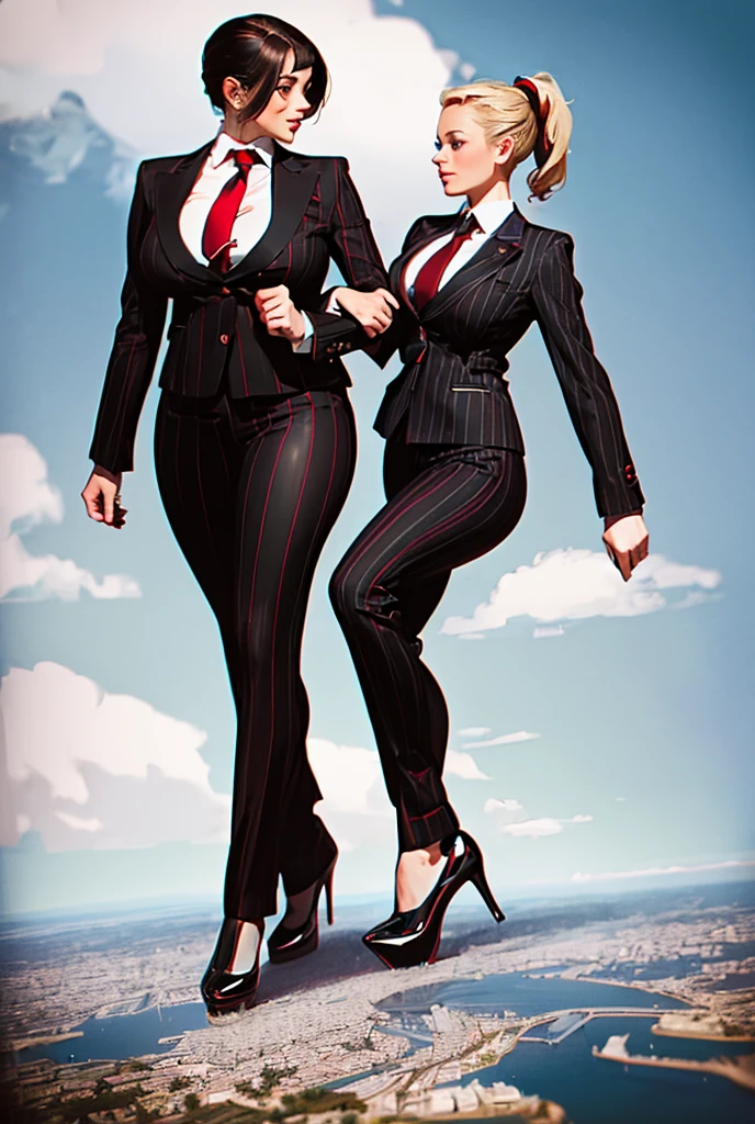 Two women aged 20 each wearing grey pinstriped trouser suits, white shirts heels and a larger paisley necktie. Large breast giantess art tiny city Young adult 1 woman, beautiful curves a massive curvy thighs blonde ponytail red lips wearing a perfect crimson pinstriped suit and blazer with a ((massive thick and massive red necktie, windosr knot the size of a fist)) white crisp shirt, massive breasts. Black Platform high heels, colossal breasts. Platform high heels , standing, giantess art, tie bar, highly detailed giantess shots, giantess, most detailed, perfect face, Two legs, Five fingers, short hair, A girl who is bigger than a skyscraper, standing on very small city, skyscarpers at their feet, skyscrapers small, smile, huge breasts, major metropolis, numerous cities, , A very small big city, Miniature metropolis, Full body description, GTS, giga giantess, gigagts, stomping city, crash city, tiny city, micro city, , High resolution, highest quality, masterpiece,  tiny destroyed skyscrapers city, illustration, skyscrapers size of small toys standing behind and very far away from city, (masterpiece, best quality, best shadows, best shading, perfect hands, perfect face, cinematic lighting, colorful, ultra-detailed, beautiful photography, character focus, extremely-detailed, photorealistic, hyper photorealism, atmospheric), ), (giantess, stereotypical office boss), (dirty, filthy, unwashed, sweaty, unkempt, happy, tired, exhausted, annoyed), ((walking, mid stride:1.2, stepping down on:1.2, stomping, crush, rampage)), (black patent Louboutin rounded toe pumps, high heels, platform heels), ((,)), ((long ponytail hair with front bangs)), (high altitude photography, satellite view), (curvy, , heaving bosom, legs), (mega city, urban sprawl, and small towns, buildings, roads), (((cloudy, overcast, clouds and atmosphere partly obscuring the subject:1.2, hazy atmosphere, haze in foreground, wispy clouds)))