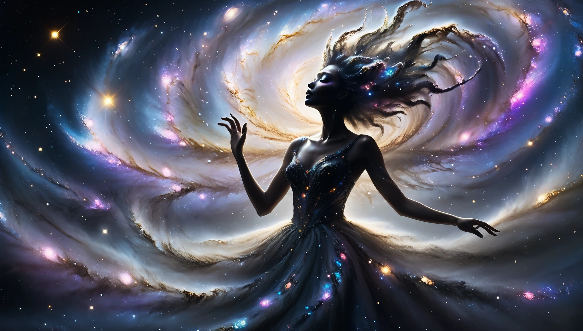 (masterpiece, best quality:1.2),  Epic galaxy on a strange and mysterious alien palette. Very textured and detailed with dreaming lot of whirlwind multicolored and dreaming dust. (A jet-black face and body, four arms, eight glowing eyes, Milky way hair, black dress), A mysterious being emerges from the center of the whirlwind, screaming, 