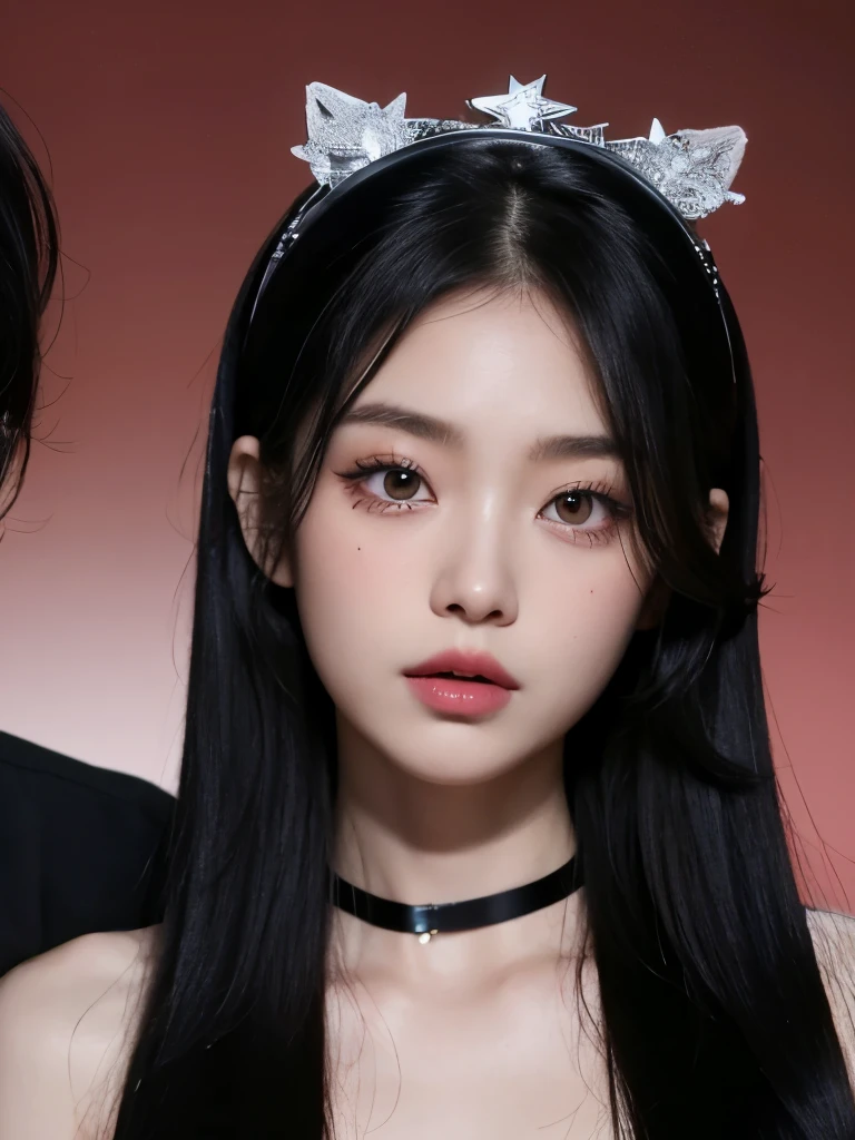 Kim Jennie with dark black hair, with curlers at the ends of dark black hair, with a star clip in her dark black hair, light colored eyes, pretty eyes, crying eyes, pretty, upturned nose, Pretty lips, pink lips, heart and cupid shaped lip, pretty skin, Pale and white skin, with moles and freckles all over his face, soft pink blush on the cheeks, natural pink blush, dark and gothic makeup, Gothic Jennie, while she is with a cute boy by her side, with a cute asian boy standing next to her, while there is a man's torso, while the man'His hand is on her jaw., beautiful man's hands, with a gothic boy, nice collars, marked collar, frown, angry look, with a kiss necklace, a pretty kiss necklace, while showing her naked breasts, while her nipples have two pink paper hearts, She has nipples with pink paper hearts (big breasts, soft breasts, nice breasts, natural breasts), with a boy by his side, with her boyfriend, looking to the camera, autophoto