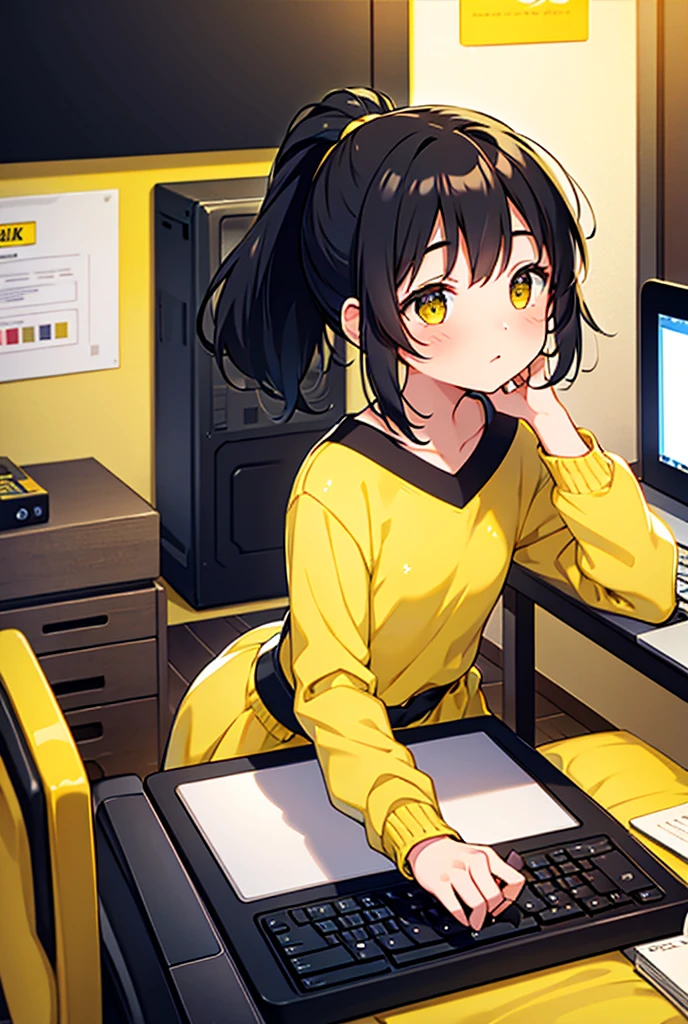 1 black-haired girl in a girly room, ponytail, yellow room wear, typing with laptop,  yellow ribbon,  masterpiece, accurate