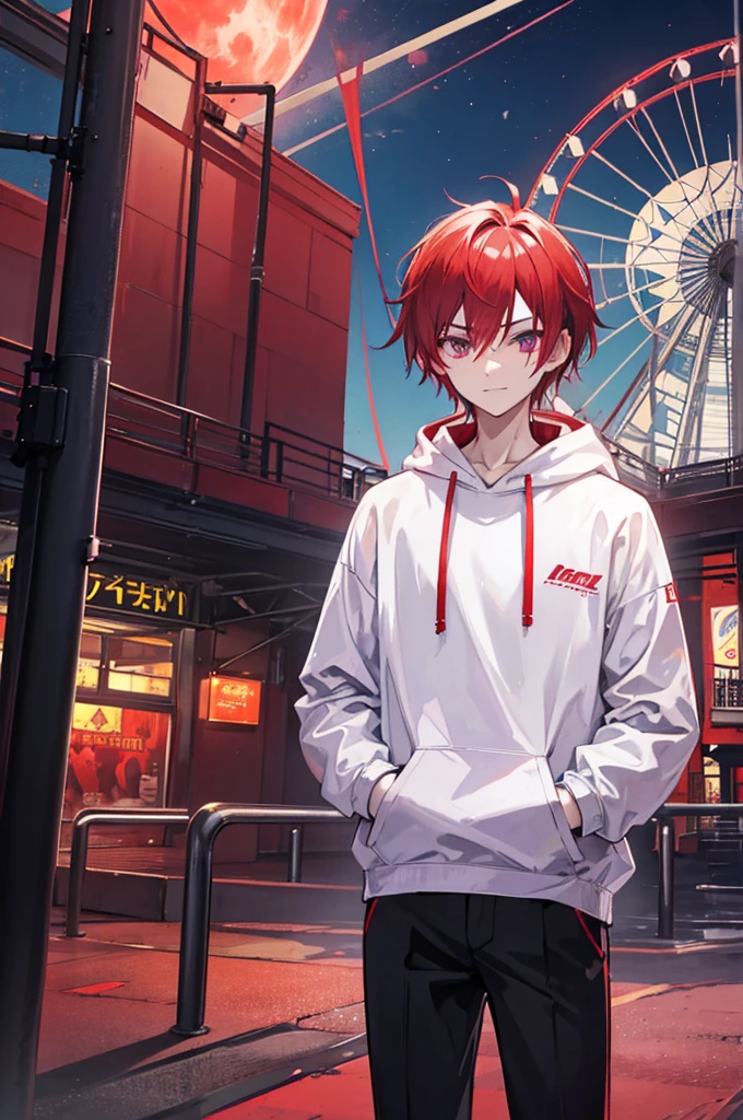 Face through torso, 1man, mature male in his 20s, short hair(Red hair, hair between eyes), sharp and masculine purple eyes(no highlights), sinister smile, mysterious aura like a mastermind behind all events, wearing white hoodie under casual jacket, black pants, controlling red death energy, standing in front of a closed amusement park's Ferris wheel at night with a blood-red moon in the background