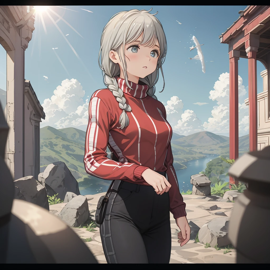 one woman, 14 talents, cozy turtleneck sweater, Upper body angle, Very cute, Perfect good looks, Braid, ash gray hair, glare of the sun, Depth of object being written, blurred background, particles of light, Strange wind, Highest image quality, highest quality, ultra high resolution, master piece, (Apsaras ⅱ)