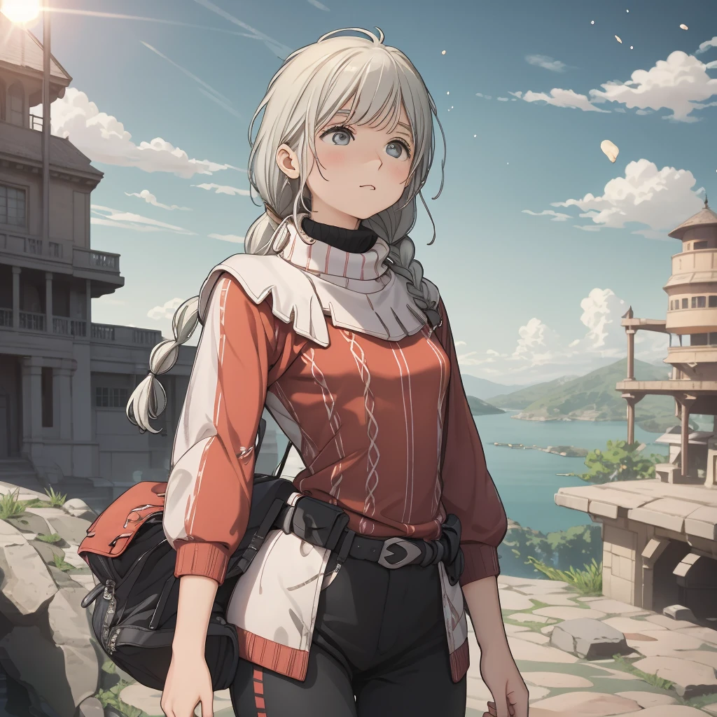 one woman,  talents, cozy turtleneck sweater, Upper body angle, Very cute, Perfect good looks, Braid, ash gray hair, glare of the sun, Depth of object being written, blurred background, particles of light, Strange wind, Highest image quality, highest quality, ultra high resolution, master piece, (Apsaras ⅱ)