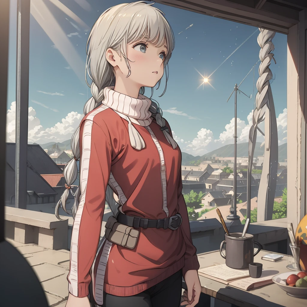 one woman, 14 talents, cozy turtleneck sweater, Upper body angle, Very cute, Perfect good looks, Braid, ash gray hair, glare of the sun, Depth of object being written, blurred background, particles of light, Strange wind, Highest image quality, highest quality, ultra high resolution, master piece, (Apsaras ⅱ)