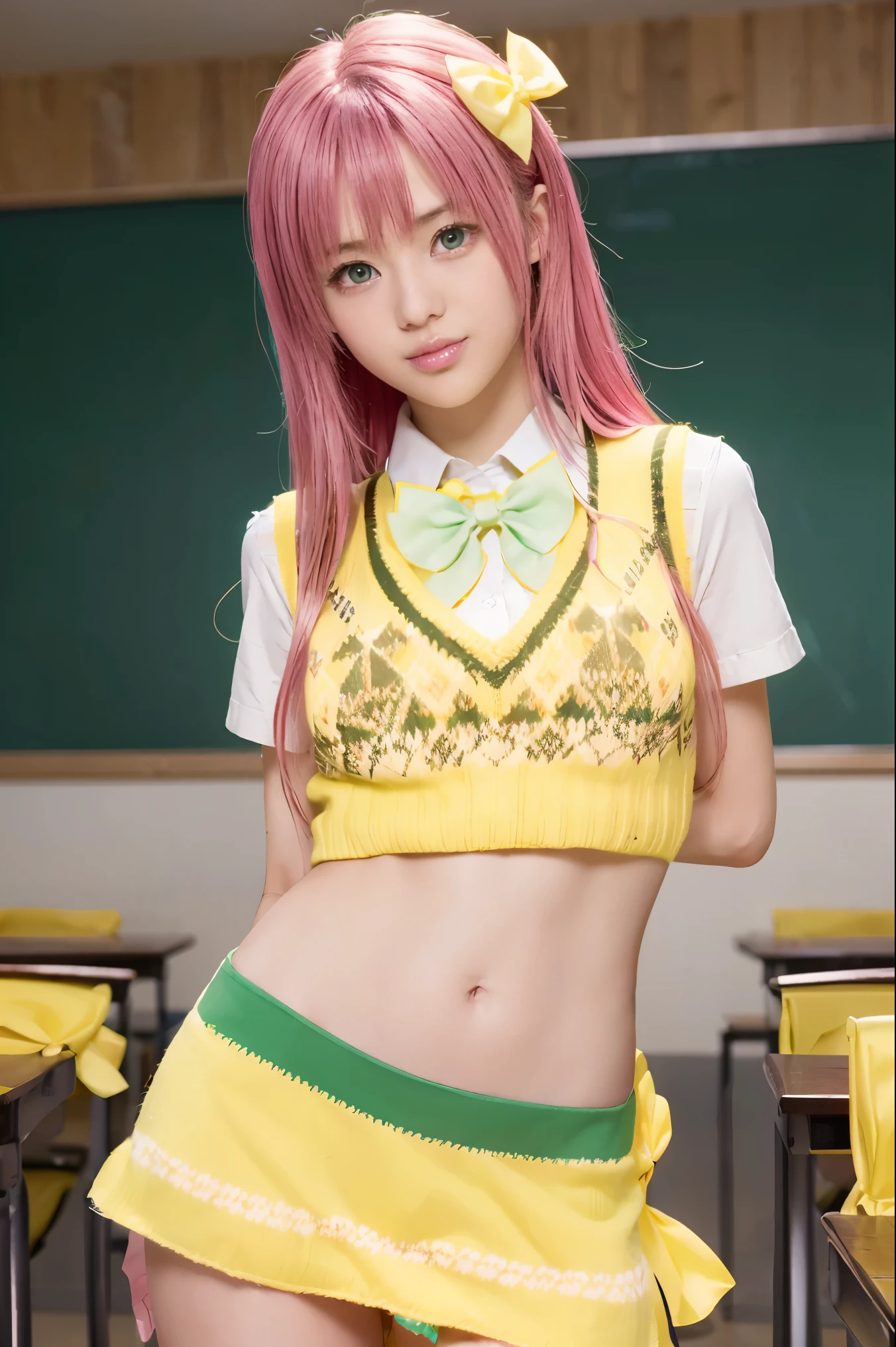 laladevilluke, lala deviluke, long hair, pink hair, tail, ahoge, bangs, hair ornament, (green eyes:1.5), smile,, (((pink hair,))
BREAK demon tail, green skirt, plaid, plaid skirt, sainan high , , skirt, sweater vest, thighhighs, (yellow sweater:1.5), short sleeves, bow, (green bow:1.5),
BREAK indoors, classroom,
BREAK looking at viewer, (cowboy shot:1.5),
BREAK (masterpiece:1.2), best quality, high resolution, unity 8k wallpaper, (illustration:0.8), (beautiful detailed eyes:1.6), extremely detailed face, perfect lighting, extremely detailed CG, (perfect hands, perfect anatomy),