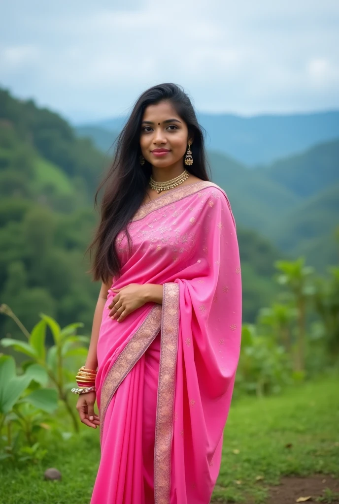 (cold girl, beautiful teenage,:19.5 (confidence,:2.9, smile,:0.0, weight,:58.7kg plus size body,:0.8.4, wearing silk saree colour heavy pink in forest (RateRacing quality 99999million pixels Realistic Body