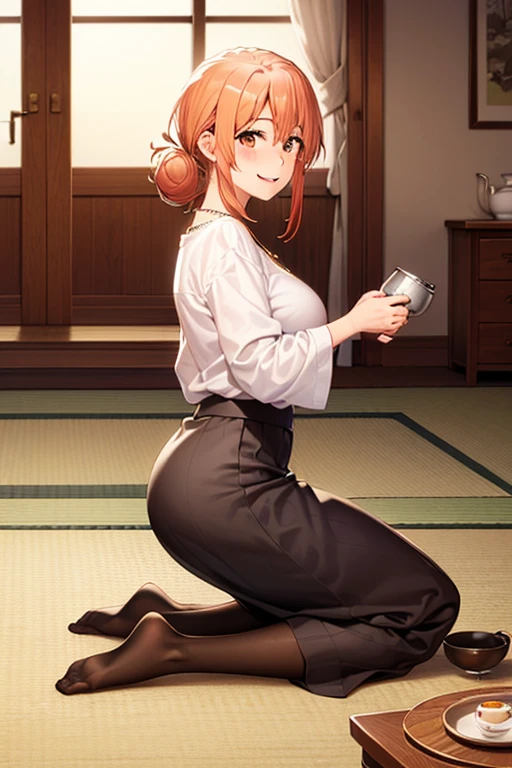 (hdr, highest resolution, best quality, beautiful, raw image, super detailed skin, perfect anatomy, nsfw, POV)), , ((1girl)), (orange hair), brown eyes , (blushing:1.4), ((smile)) ,open mouth , (slender), (large breasts), ((casual clothes, blouse, skirt, ,stockings, necklace)) , (( japanese style room, tatami, shoji window, no shoes, daytime)), (((low table, tea pot()), ((kneeling table side, drinking tea)) , from side