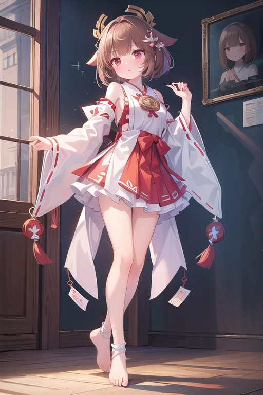 Beautiful illustrations、(miko:1.2), Extending the leg、mini skirt,(masterpiece、Best Quality、8k ), (Beautiful details), Highly detailed face, Perfect lighting, Highly detailed CG, (Perfect hands, Perfect Anatomy), One cute girl,Girl, Cute Face, Tears((Serious)), amount, Bobcut, Brown Hair, ((Swept-apart bangs)), Red eyes, Angled eyebrows, thin,  full body、