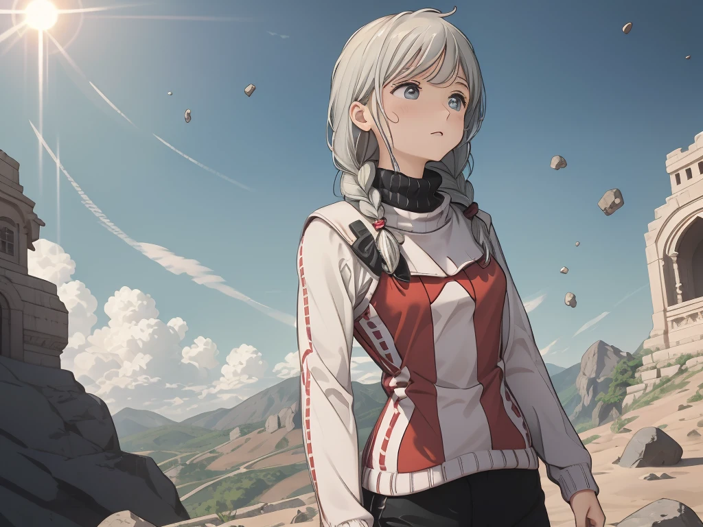 one woman, 14 talents, cozy turtleneck sweater, Upper body angle, Very cute, Perfect good looks, Braid, ash gray hair, glare of the sun, Depth of object being written, blurred background, particles of light, Strange wind, Highest image quality, highest quality, ultra high resolution, master piece, (Apsaras ⅱ)