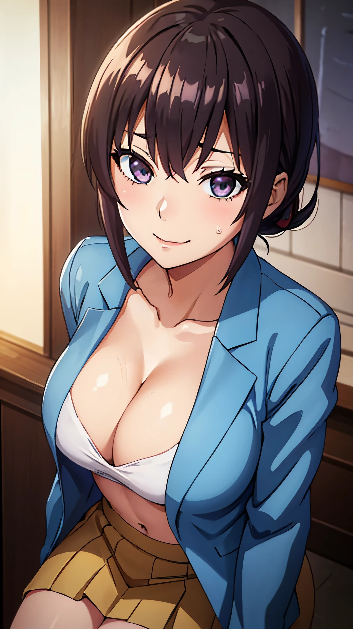 (((masterpiece))),fuyumi itadori, Anime girl characters, 1girl, solo, looking at viewer, medium hair long sleeves, cleavage, bigger breasts, closed mouth, collarbone, jacket, open clothes, open jacket, blue jacket, ground vehicle, sports bra, tall girl, horny, big ass, beautiful face,Charming,  anime visual of a cute girl, screenshot from the anime film, & her expression is solemn, ahegao face, in the anime film, in an anime, anime visual of a young woman, she has a cute expressive face, still from anime, perfect breasts, she is tall, All bodies visible, ahegao face, the face is ahegao, she is horny, A perverted face, she so perverted, she smile so perverted, hd picture, 4k quality, details of the face is so good,bigger breasts, ,change her face and make her face hd and pretty😍, make her face like nakano ichika , she is masturbating