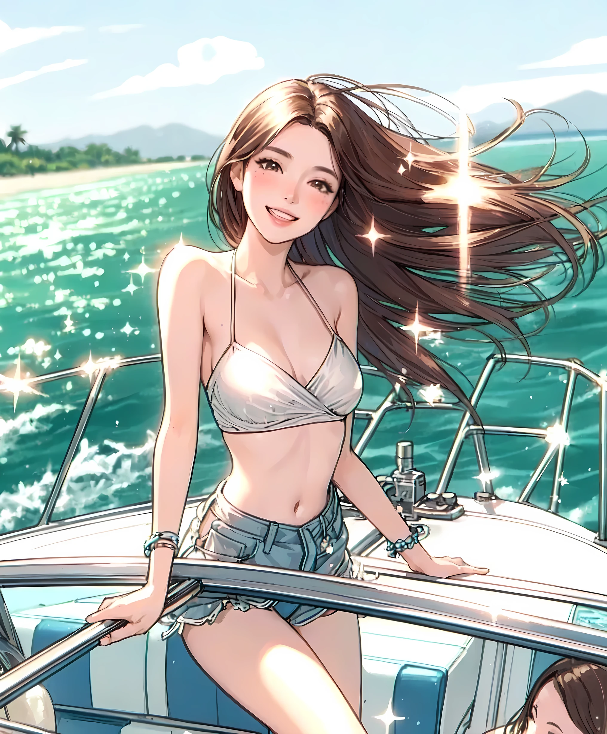 Modella koreana  sorridente in perizoma bellissimo sedere su yacht di lusso in mezzo al mare sfondo capri