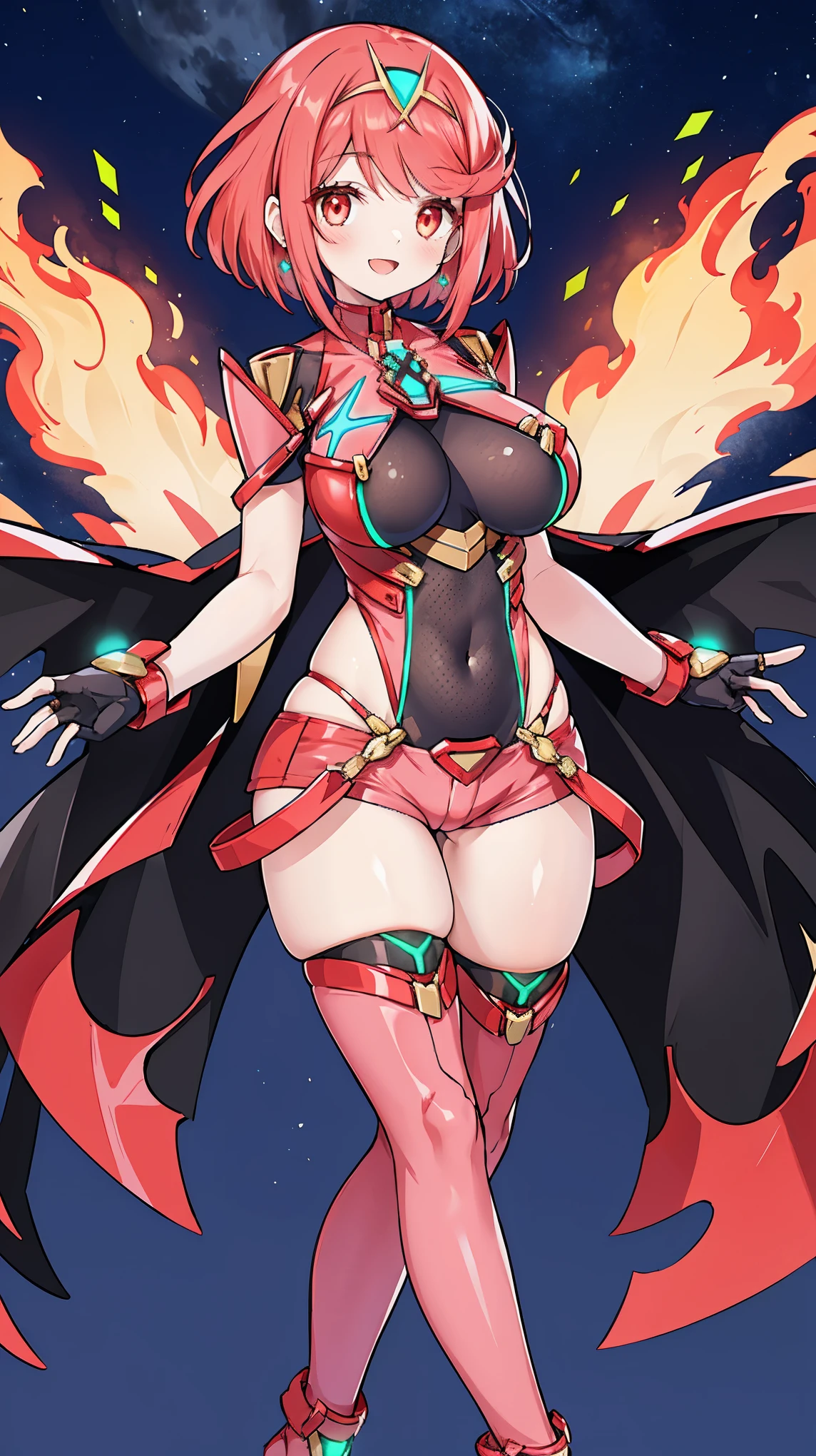 pyra \(xenoblade\), young_teen_1girl, armor, bangs, black gloves, breasts, red eyes, closed mouth, earrings, eyelashes, fingerless gloves, floating hair, framed breasts, gem, gloves, hair ornament, headpiece, jewelry, big_breasts, leaning back, leotard, neon trim, official art, pose, red hair, red shorts, short hair, short shorts, short sleeves, shorts, sidelocks, skin tight, solo, standing, swept bangs, thighhighs, tiara, night_prairie_background, turtleneck, underbust, vambraces, xenoblade chronicles \(series\), (xenoblade chronicles 2), apart_legs, fire_effects,dynamic_pose,light_smile, (plump:1.1), large_thighs, solo, open_mouth,open_arms,want_hug,arms_forward