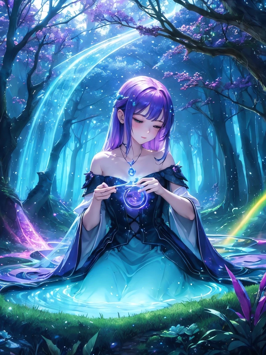 Mysterious glowing spell casting girl, Fantasy Rainbow Forest, Vibrant colors, Great lighting, Detailed leaves, Magical atmosphere, Fascinating views, Dreamy atmosphere, Sparkling, Loose-fitting robes, A small spell, Mysterious Creatures, Magic Tree, Shining Stream, Radiant Energy, Mystical symbols, Surreal beauty, Otherworldly landscapes, Swirling Mist, There&#39;s magic in the air, Magical moments, A fascinating sight, Mysterious Essence, Magic spells, Mysterious Aura, Captivating Charm, Captivate the audience, Transcendental Experience, Magical Vortex, Hidden Secrets, Whimsical Creatures, Vivid charm, Enchanting atmosphere, Elegant Melody, radiation, Otherworldly colors, Fascinating Movement, A celebration of joy in nature, Seductive Nymph, Superpower, Pulsating Energy, Enchantment Spells, Fantastic World, Transcendental Experience,Western painting,Old Photos,