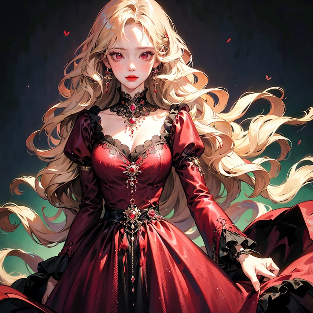 a beautiful woman with absurdly long blonde hair, red eyes, big breast, red lipstick, wearing a rococo dress with a red corset with black lace, a wide red skirt with lots of black lace and ruby ​​inserts,  ong and thin black winter cape with fleece, elbow black gloves, royalty, red and translucent butterflies around, an anime drawing inspired by Yanjun Cheng, Pisif, Fantasy art, blonde flowing hair, Long curly blobde hair, Guviz, a beautiful anime portrait, Guviz-style artwork, in the art style of bowater, Anime girl with long hair, blonde wavy hair, Beautiful anime style, close up, portrait 